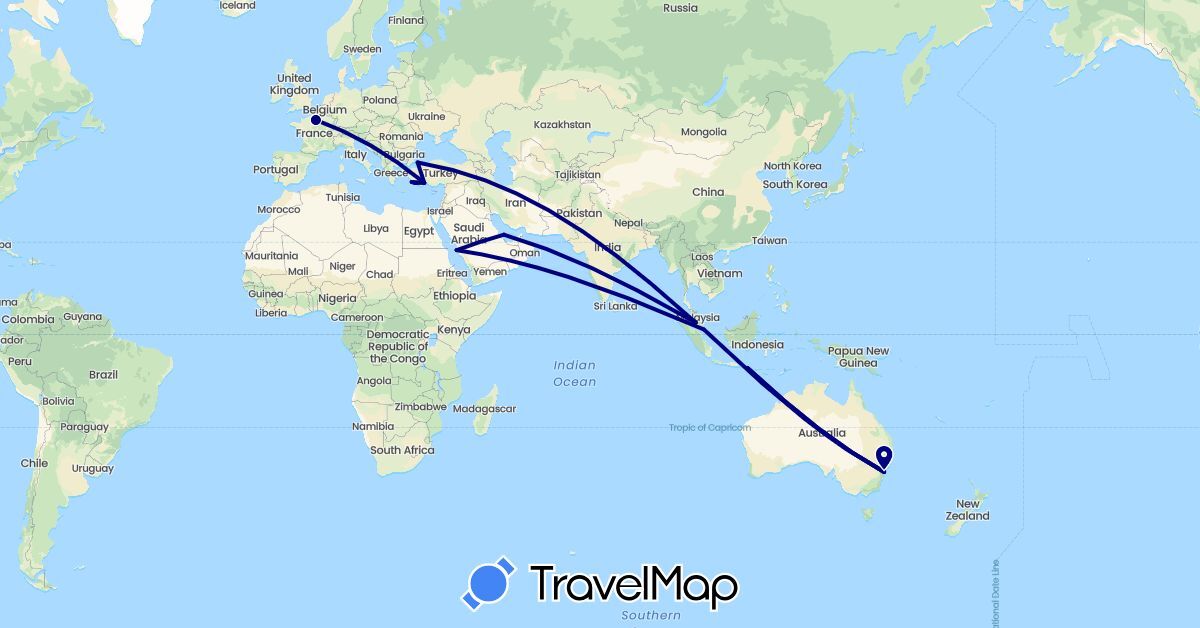 TravelMap itinerary: driving in Australia, France, Indonesia, Malaysia, Saudi Arabia, Singapore, Turkey (Asia, Europe, Oceania)